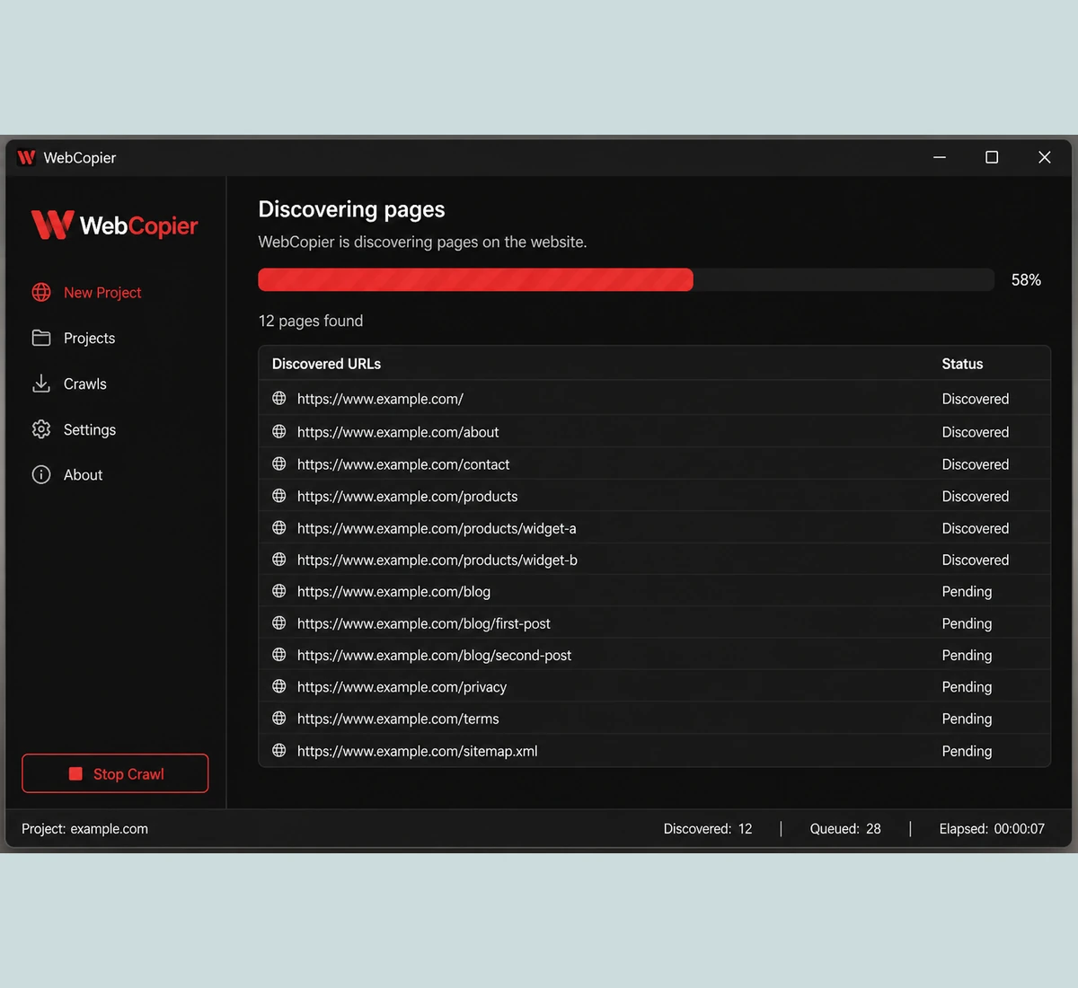 Automatic page discovery in WebCopier
