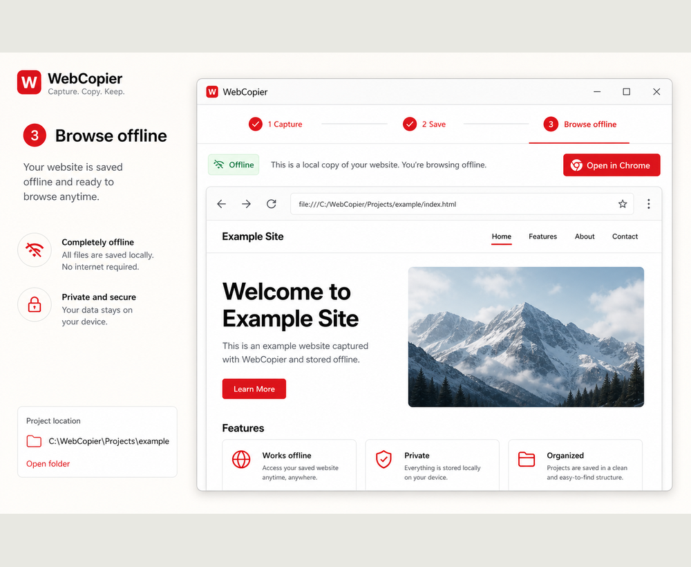 Browse captured site offline in WebCopier