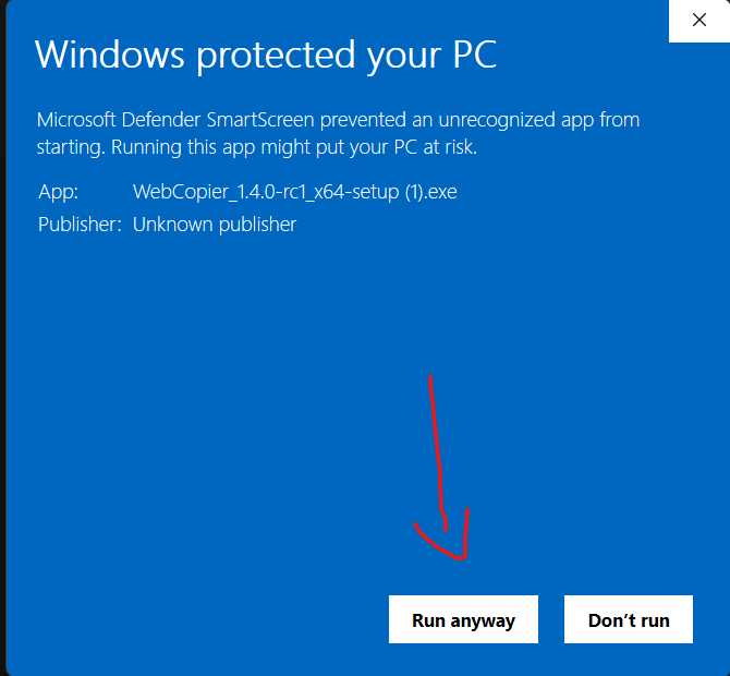 SmartScreen after More info: WebCopier_1.4.0-rc1_x64-setup.exe, unknown publisher. Click Run anyway.